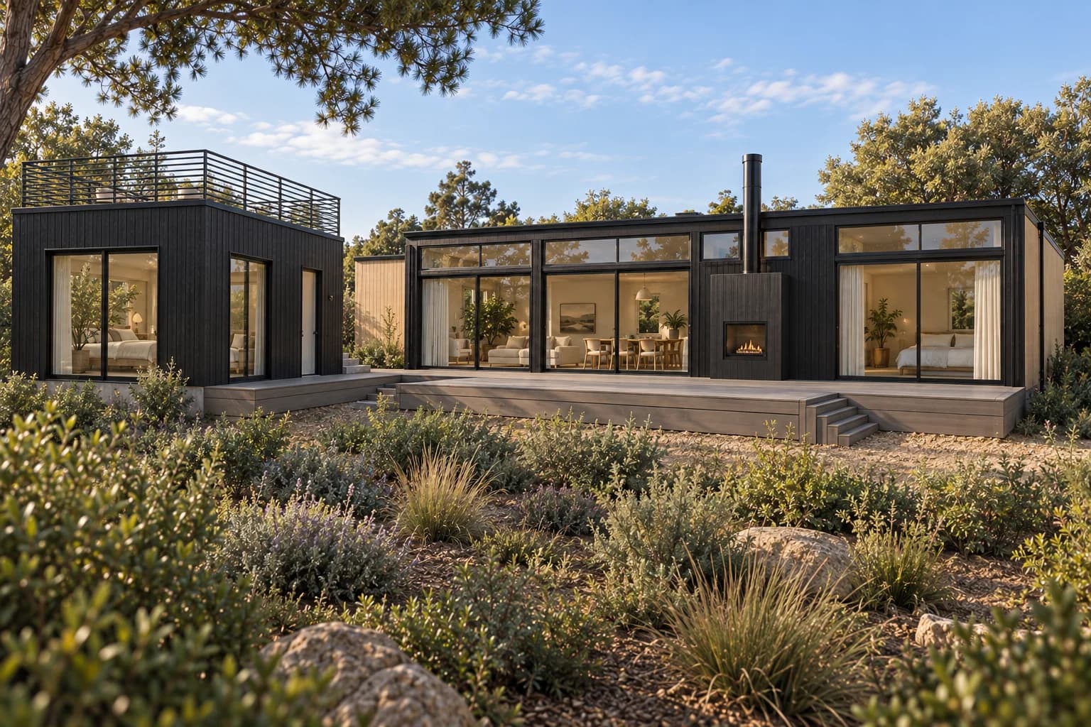 Architectural rendering of a garden-facing home and detached ADU with dark vertical siding, broad glazing, and a low deck